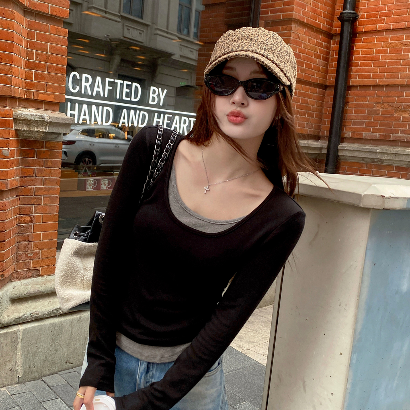 秋冬U领假两件长袖打底衫女内搭