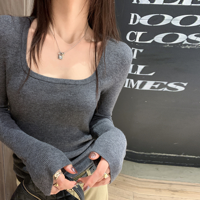 灰色方领针织打底衫女修身百搭