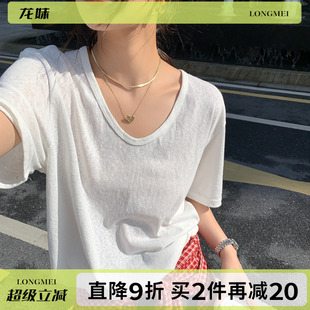 白色V领冰丝正肩短袖 棉麻宽松显瘦上衣 T恤女2025夏新款 高级感薄款