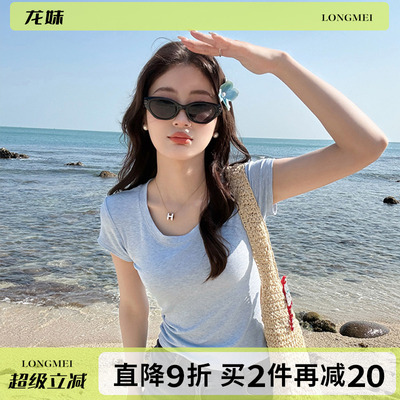 蓝色U领正肩短袖T恤女修身显瘦