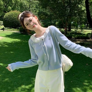 氛围感宽松打底上衣 新款 蓝色圆领花边针织开衫 外套女外搭2025秋季