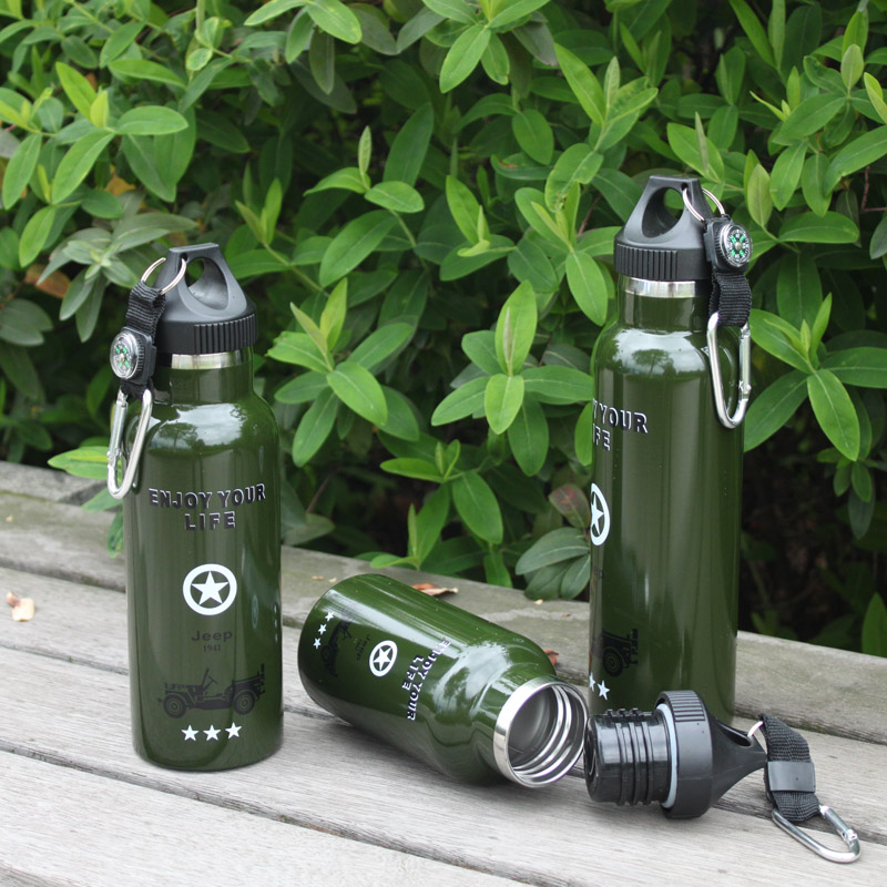 不锈钢双层保温水壶军绿304保温杯水杯户外野营运动水壶军迷登山