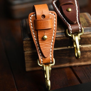 手工原色头层植鞣牛皮钥匙扣全铜五金手缝线哈雷机车汽车钥匙挂件