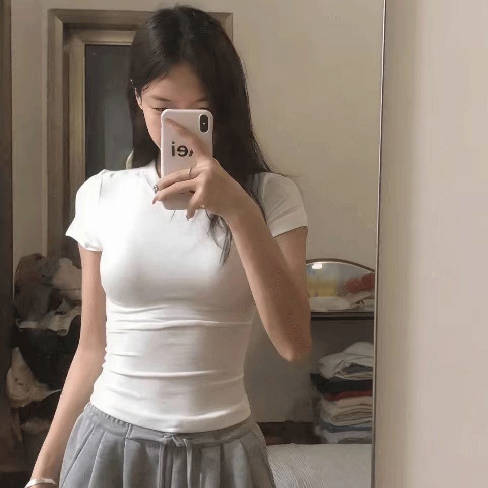 白色正肩短袖纯棉t恤女2026夏季新款短修身显瘦圆领内搭外穿上衣