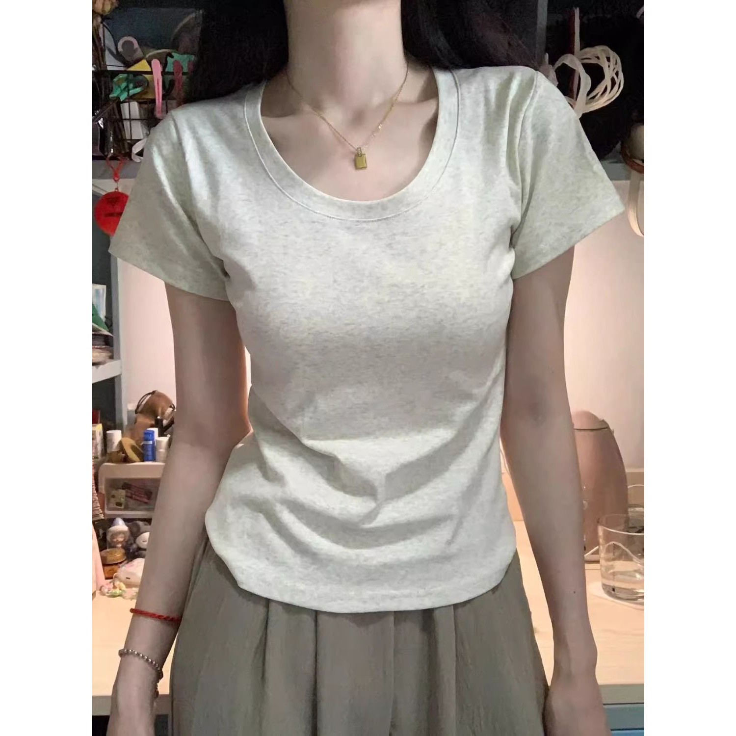纯棉修身正肩基础款短袖t恤女2026夏季甜辣妹显瘦学生打底衫上衣