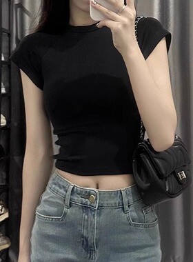纯棉修身短款显瘦黑色短袖T恤女2026夏季新款外穿打底衫辣妹上衣