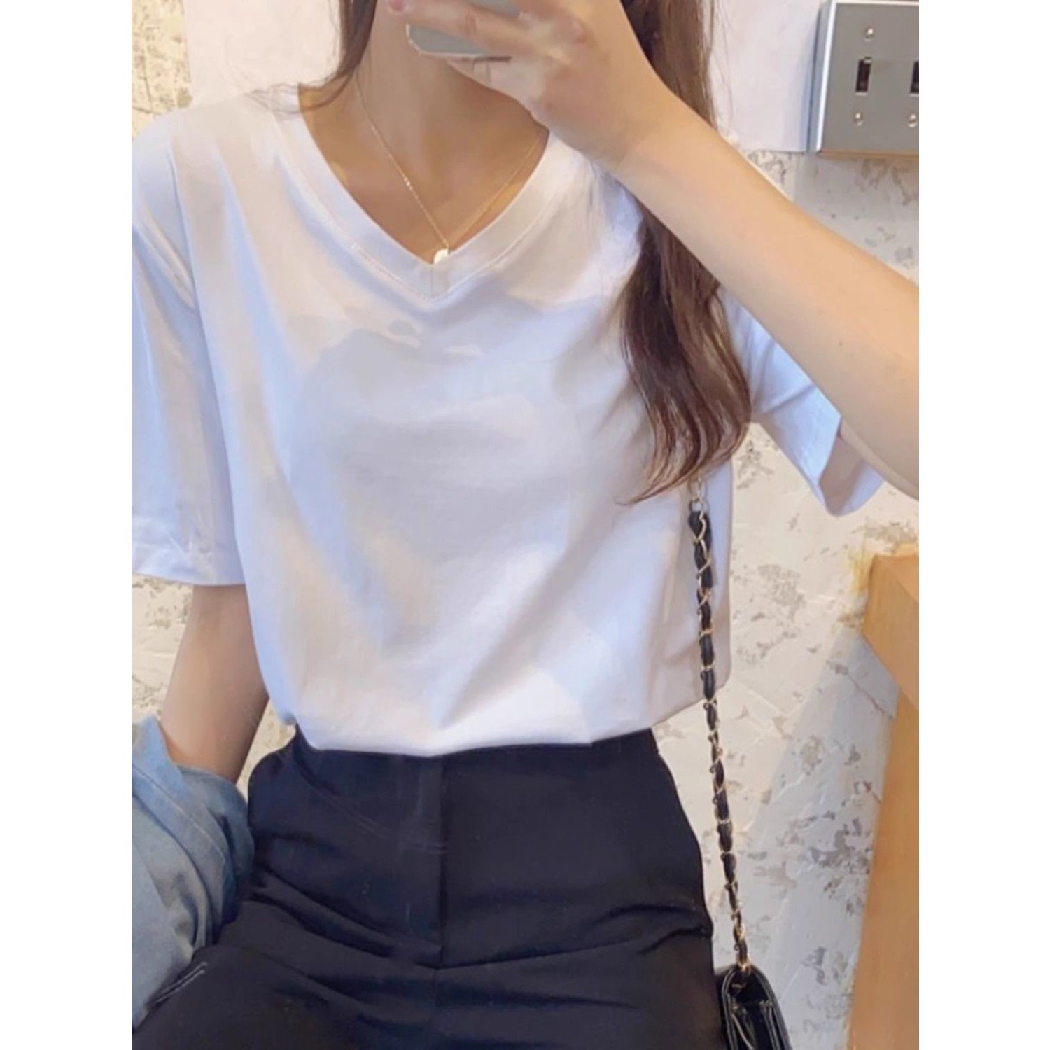 纯棉V领宽松短袖T恤女2026夏季新款慵懒风显瘦外穿学生打底衫上衣