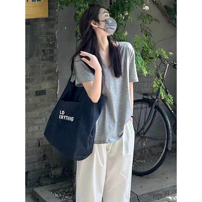 重磅纯棉2026春夏季正肩V领短袖T恤女宽松显瘦慵懒风内搭外穿上衣