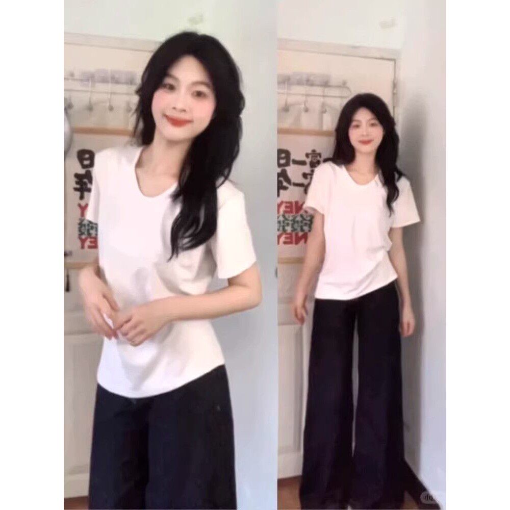 重磅纯棉宽松短袖T恤女2026夏新款学生显瘦V领百搭简约打底衫上衣