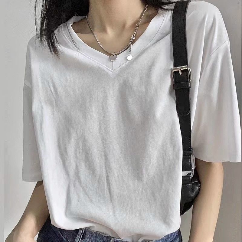 纯棉V领宽松短袖T恤女2026夏季新款慵懒风显瘦外穿学生打底衫上衣