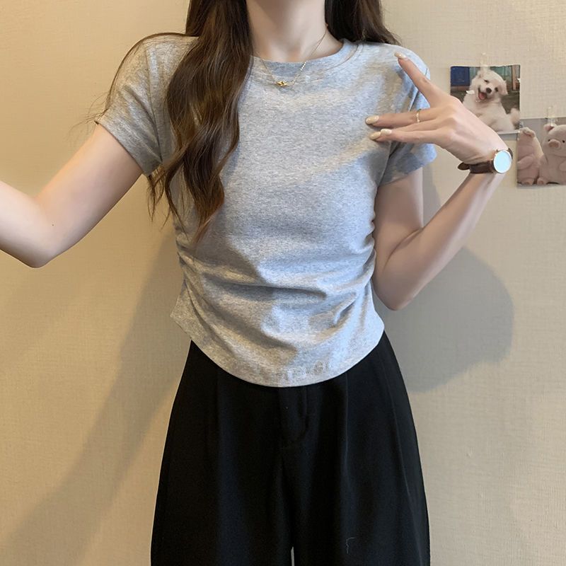 夏季纯棉短款正肩短袖T恤女褶皱收腰弧形下摆修身显瘦学生上衣潮