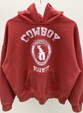 Oxycodone/双股580克精梳棉水洗廓形短宽西部牛仔印花卫衣帽衫