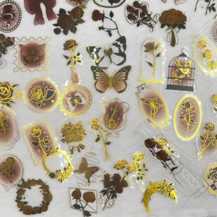 50张复古玫瑰烫金手札PET透明贴纸笔记本手机壳水杯DIY防水装饰