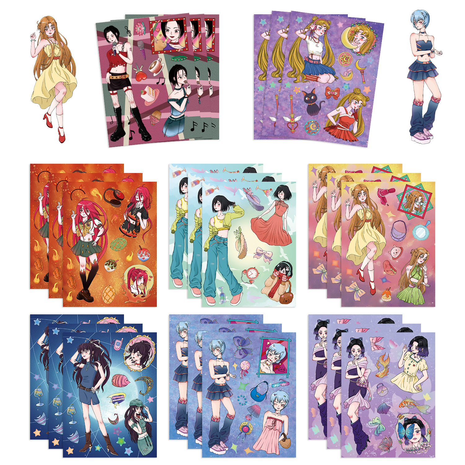 8张多风格元气美少女穿搭咕卡diy贴纸手机壳水杯笔记本防水装饰
