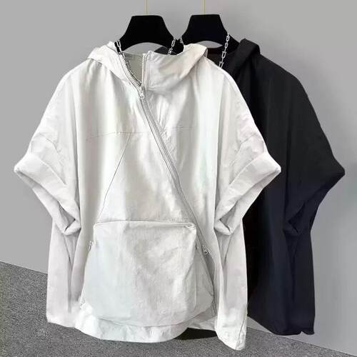 韩版大码300斤胖mm工装立体口连帽短袖t恤夏季斜拉链宽松半袖体gz