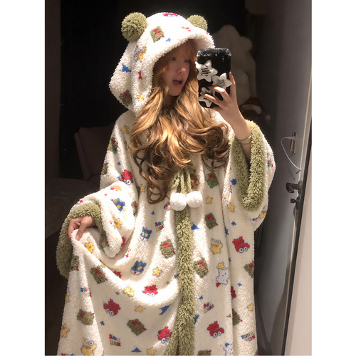 可爱卡通蜡笔少女睡袍冬季珊瑚绒加厚连帽睡衣冬天保暖家居服套装