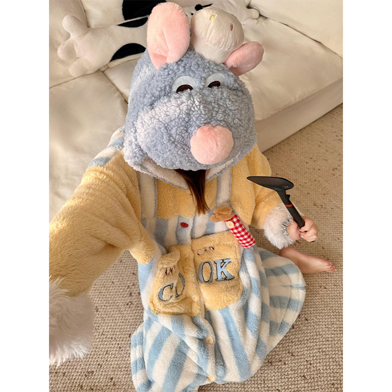 可爱卡通料理鼠王睡衣女秋冬季新款珊瑚绒加厚冬天袍家居服套装