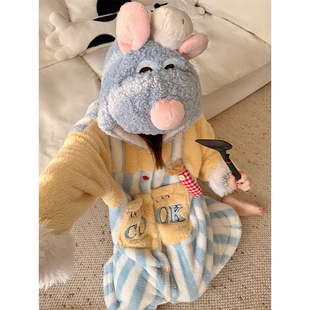 可爱卡通料理鼠王睡衣女秋冬季新款珊瑚绒加厚冬天袍家居服套装