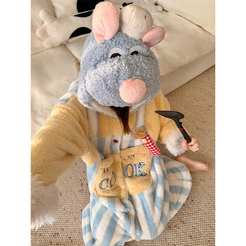 可爱卡通料理鼠王睡衣女秋冬季新款珊瑚绒加厚冬天袍家居服套装