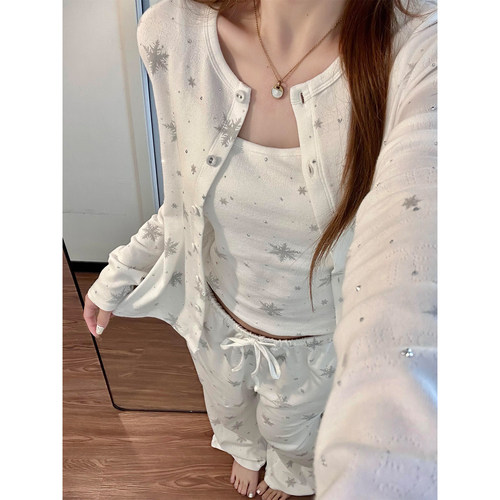 甜美少女雪花睡衣春秋新款轻奢高级感吊带胸垫棉质夏天家居服套装