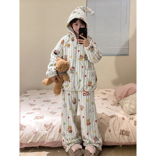 可爱条纹蜡笔小新女睡衣冬季款法兰绒加厚保暖拉链连帽家居服套装