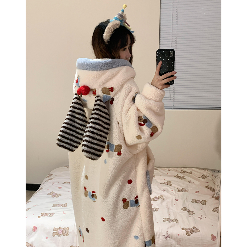 卡通可爱腊肠狗睡衣女秋冬新款珊瑚绒冬天加绒加厚睡袍家居服套装