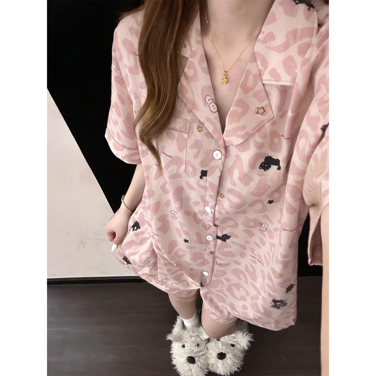 韩版豹纹睡衣女夏季2026新款纯棉可爱短袖短裤夏天薄款家居服套装
