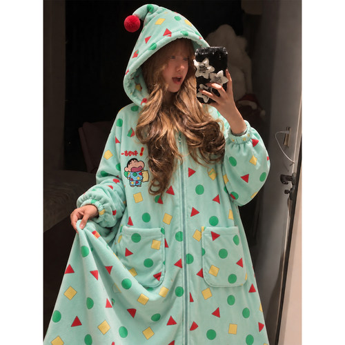 可爱卡通蜡笔小新女睡袍冬季法兰绒加厚款拉链睡衣连帽家居服套装