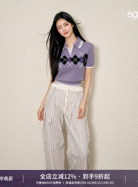AGAM 紫色菱格撞色针织polo领修身上衣短款收腰羊毛泡泡袖短袖T恤