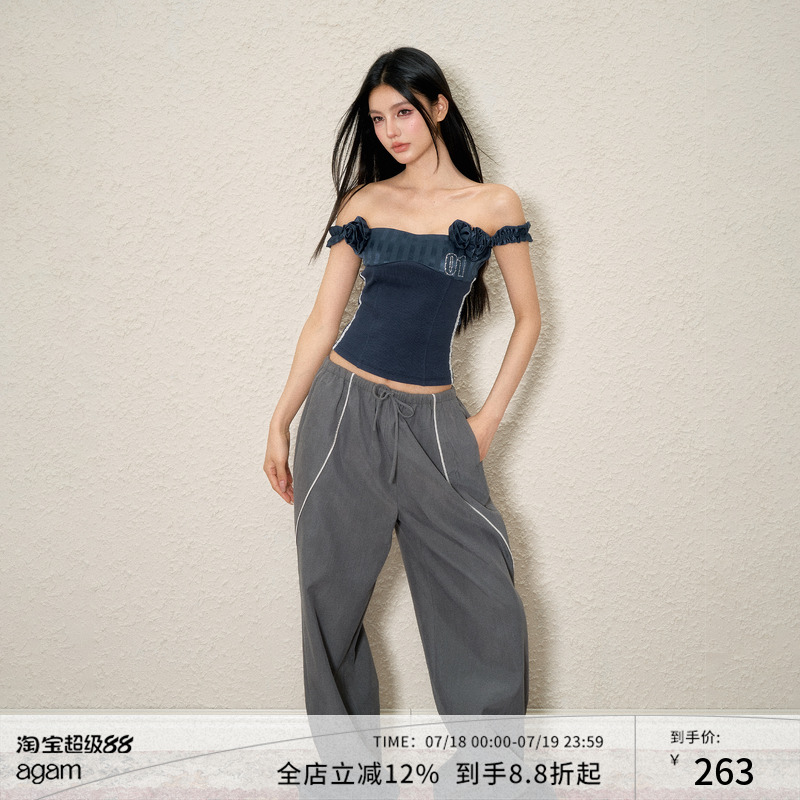 AGAM立体花朵一字肩球衣抹胸