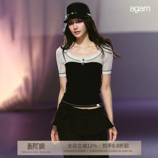 T恤女 显瘦短袖 AGAM 黑白半透细闪撞色U领修身