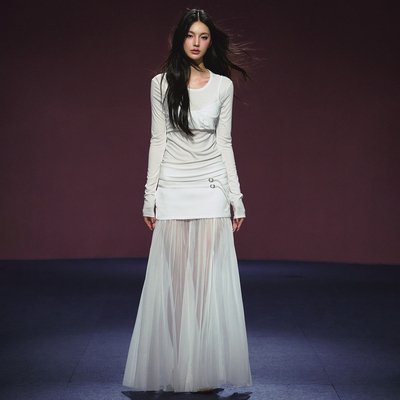 AGAM  莱赛尔假两件半透长袖上衣 半透飘逸纱裙半裙套装
