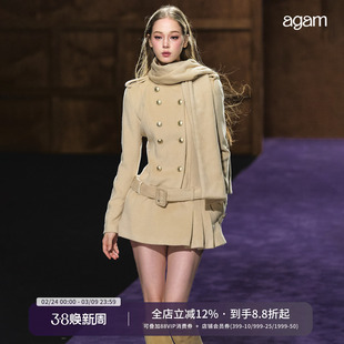 AGAM 柔糯绵羊毛菱格刺绣围巾领双排扣腰带收腰显瘦毛呢连衣裙