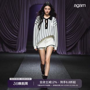 AGAM 软糯亲肤polo翻领条纹针织衫/夹条撞色短裙裤套装两件套女