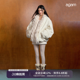 AGAM 软糯毛领廓形宽松加厚棉衣中长款冬季保暖白色棉服夹克外套