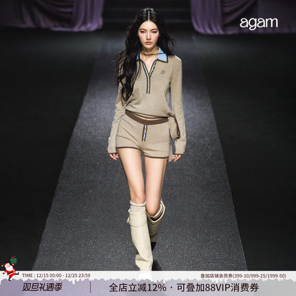 AGAM 撞色金扣飘带翻领polo绑带毛衣 桃心短裤套装