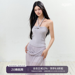 AGAM 莱赛尔麻花绑带挂脖抹胸吊带上衣+半透拼接扭结半身长裙套装