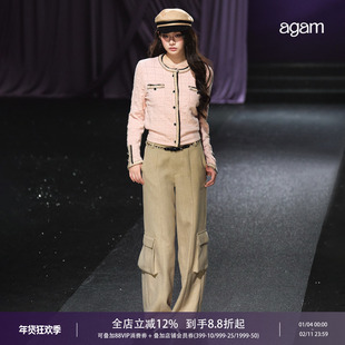 AGAM 小香风编制皮带口袋工装裤高腰厚实直筒阔腿裤四季休闲西裤