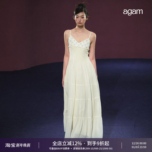 AGAM白月光亮片重工绣花连衣裙