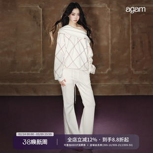 AGAM 一字肩斜领露肩撞色卫衣菱格米粒绣上衣+微喇卫裤阔腿休闲裤