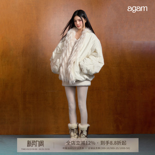 AGAM 软糯毛领廓形宽松加厚棉衣中长款冬季保暖白色棉服夹克外套