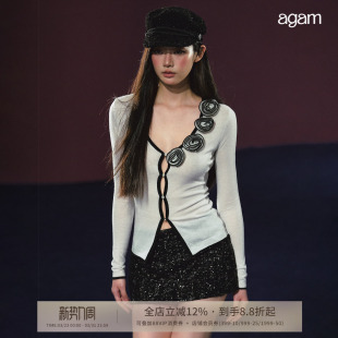 AGAM 立体玫瑰小香风撞色V领针织细闪半透上衣开衫