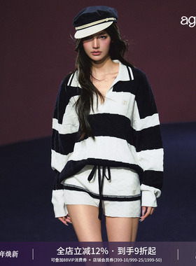 AGAM 海军蓝航海系松弛条纹Polo毛衣 假两件裙裤套装