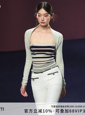 AGAM 条纹撞色复古手缝扣抹胸上衣披肩针织小开衫套装