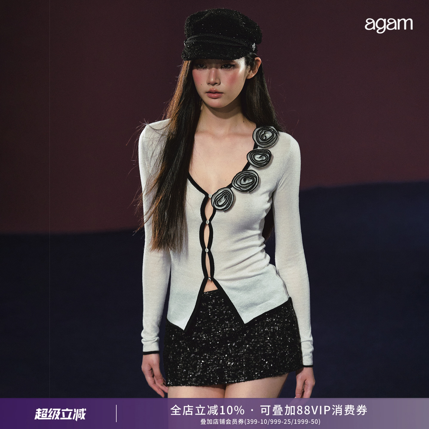 AGAM 立体玫瑰小香风撞色V领针织细闪半透上衣开衫