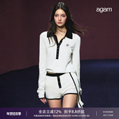 AGAM 套装 中古风黑白撞色飘带polo绑带毛衣 桃心短裤