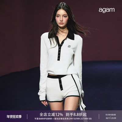 AGAM中古风黑白撞色polo毛衣套装