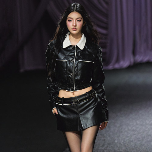 AGAM 小香翻领撞色菱格绗缝皮衣外套/撞色A字皮裙短裙套装