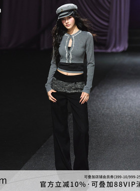 AGAM 经典时髦小香风拼接条纹细闪双腰设计西裤垂感百搭直筒裤