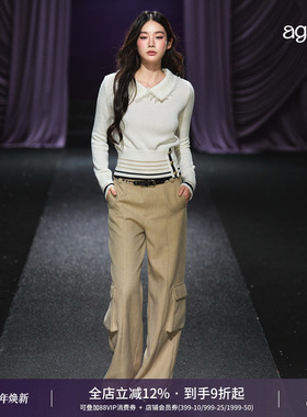 AGAM 小香风娃娃领拼接套头翻领黑金条纹毛衣显瘦修身冬季新款